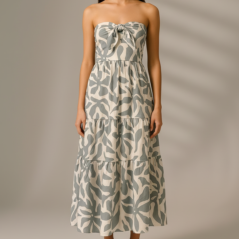 Woman wearing a strapless dress with leaf pattern against a neutral background