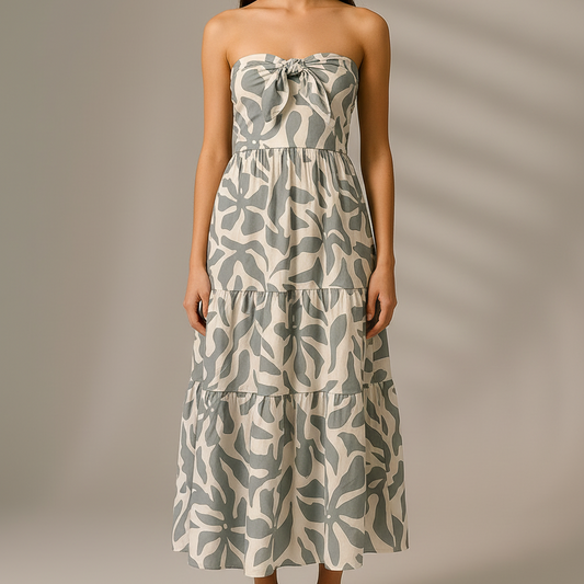 Woman wearing a strapless dress with leaf pattern against a neutral background