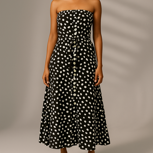Woman wearing a black strapless dress with white polka dots against a neutral background