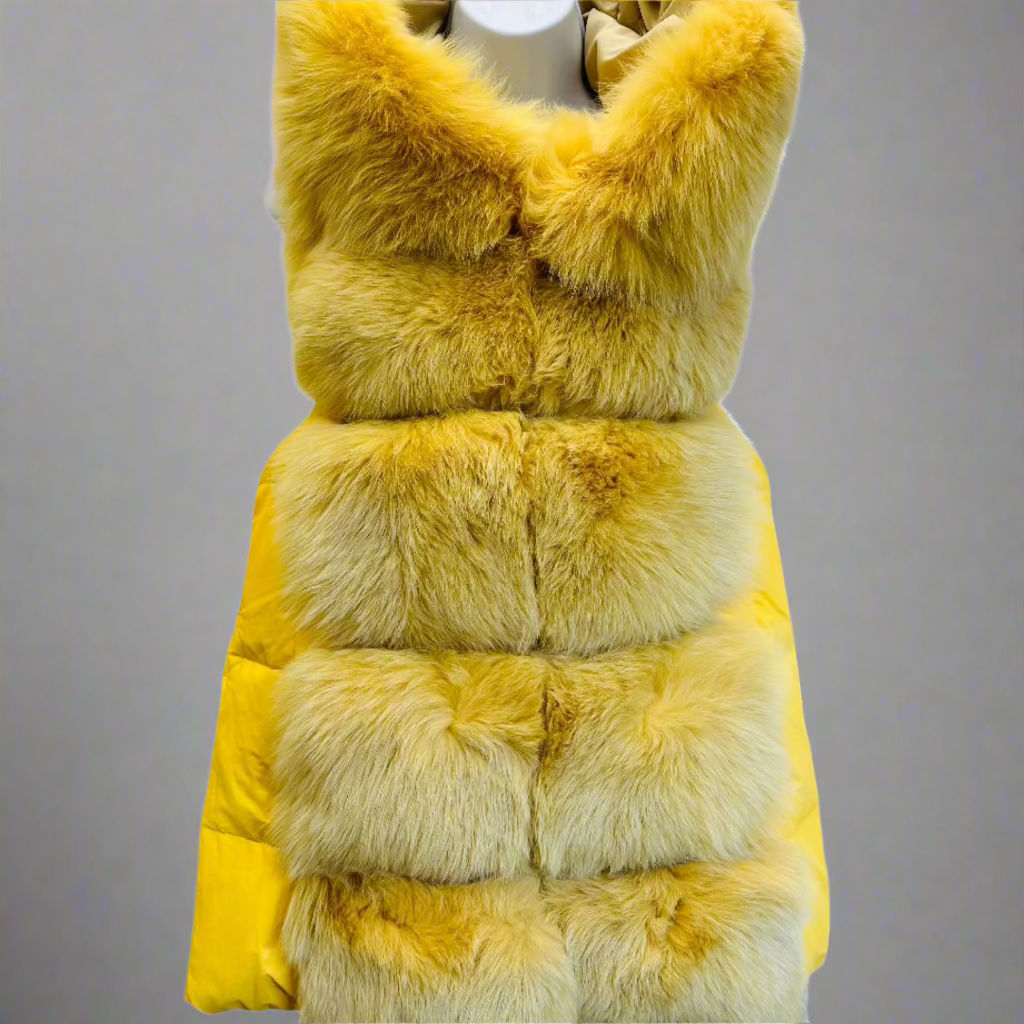 Yellow fur vest on a mannequin against a white background