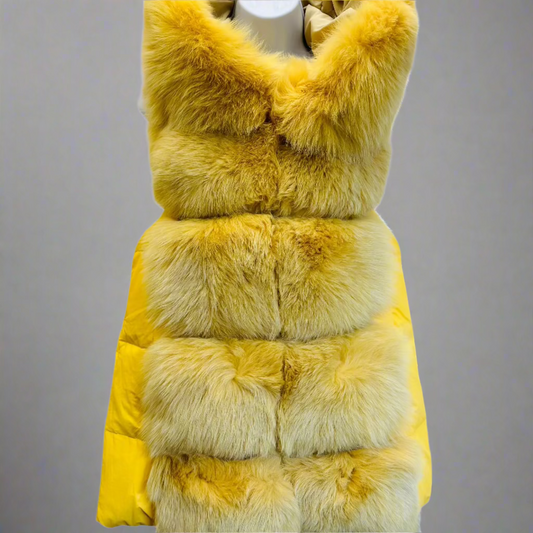 Yellow fur vest on a mannequin against a white background