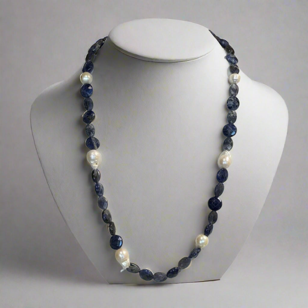 LAPIS MARBLEIZED STONE PEARL NECKLACE