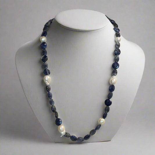 LAPIS MARBLEIZED STONE PEARL NECKLACE