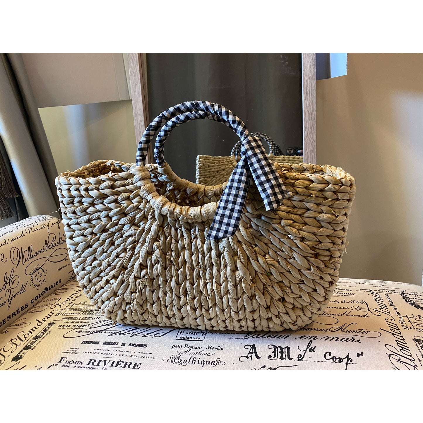 GINGHAM STRAW TOTE