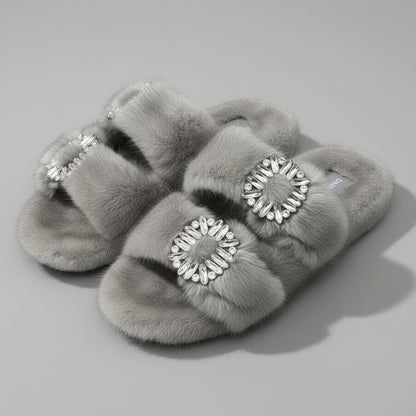 MINK SLIDES WITH CRYSTAL BUCKLES