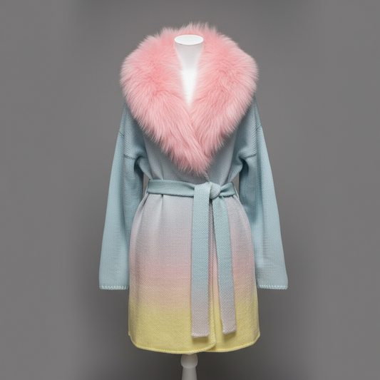MULTI COLORED WOOLEN CARDIGAN WITH FUR COLLAR