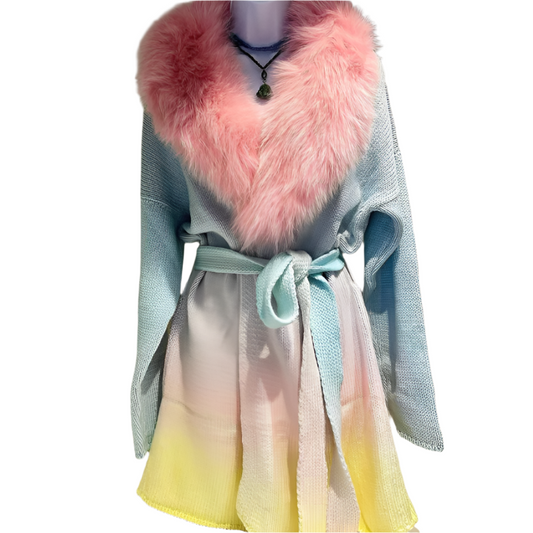 MULTI COLORED WOOLEN CARDIGAN WITH FUR COLLAR