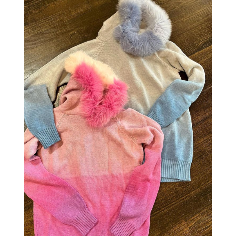 PINK/BLUE OMBRE CASHMERE BLEND SWEATER WITH A FUR HOOD