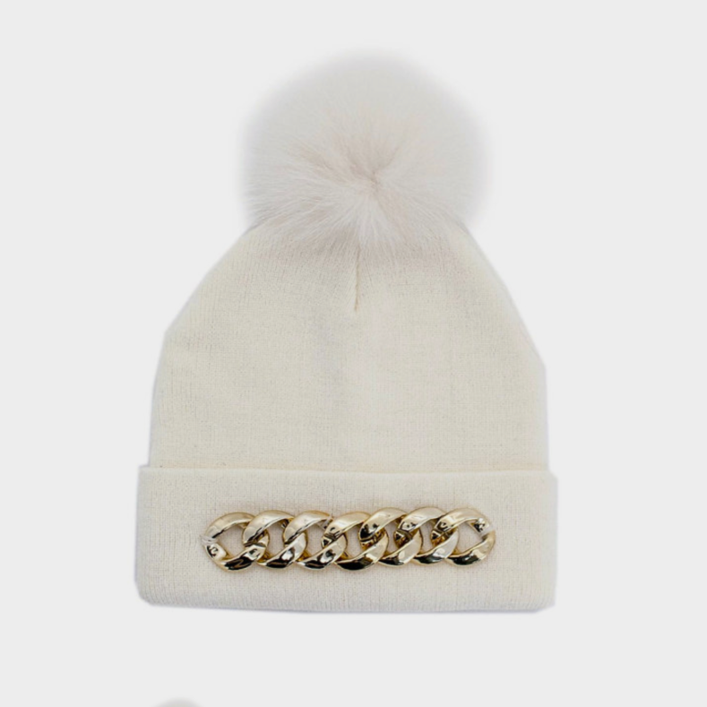 IVORY HAT WITH CHAIN AND FUR POM
