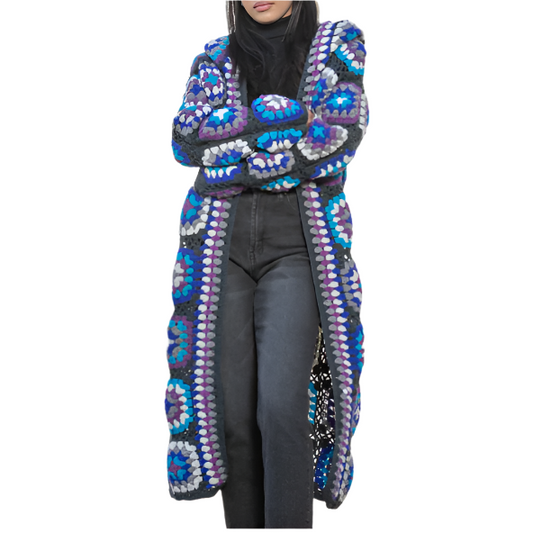 GREY HOODED WOOL GRANNY SQUARE KIMONO