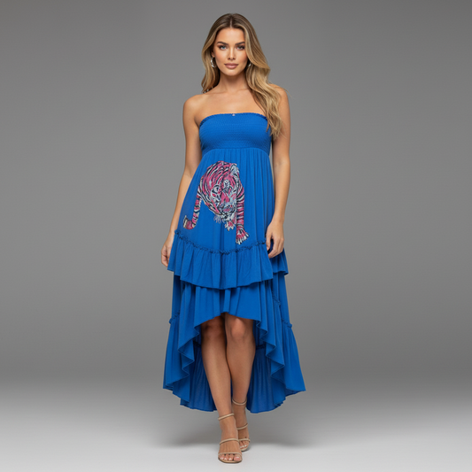 BLUE RUCHED TIGER DRESS