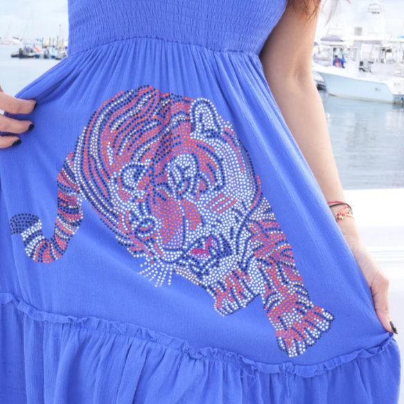BLUE RUCHED DRESS/SKIRT WITH TIGER
