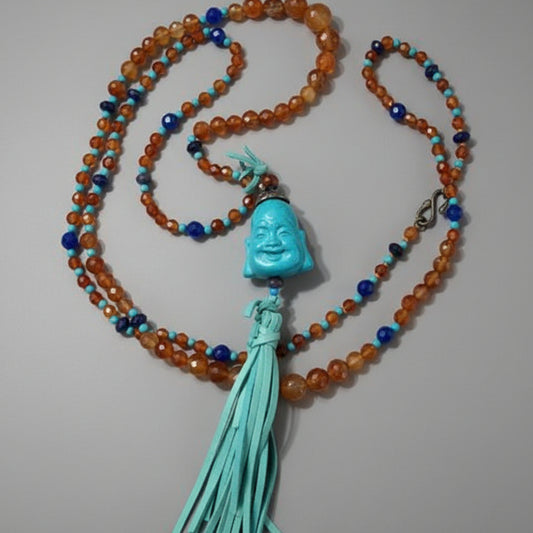 CARNELIAN BEADS TURQ BUDDHA NECKLACE