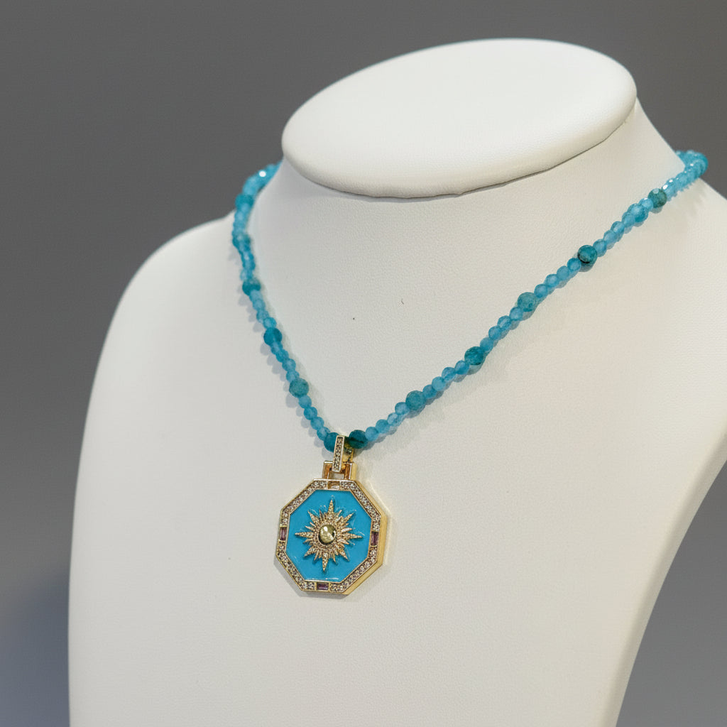 ENAMEL PENDANT ON LT SAPPHIRE BEADS