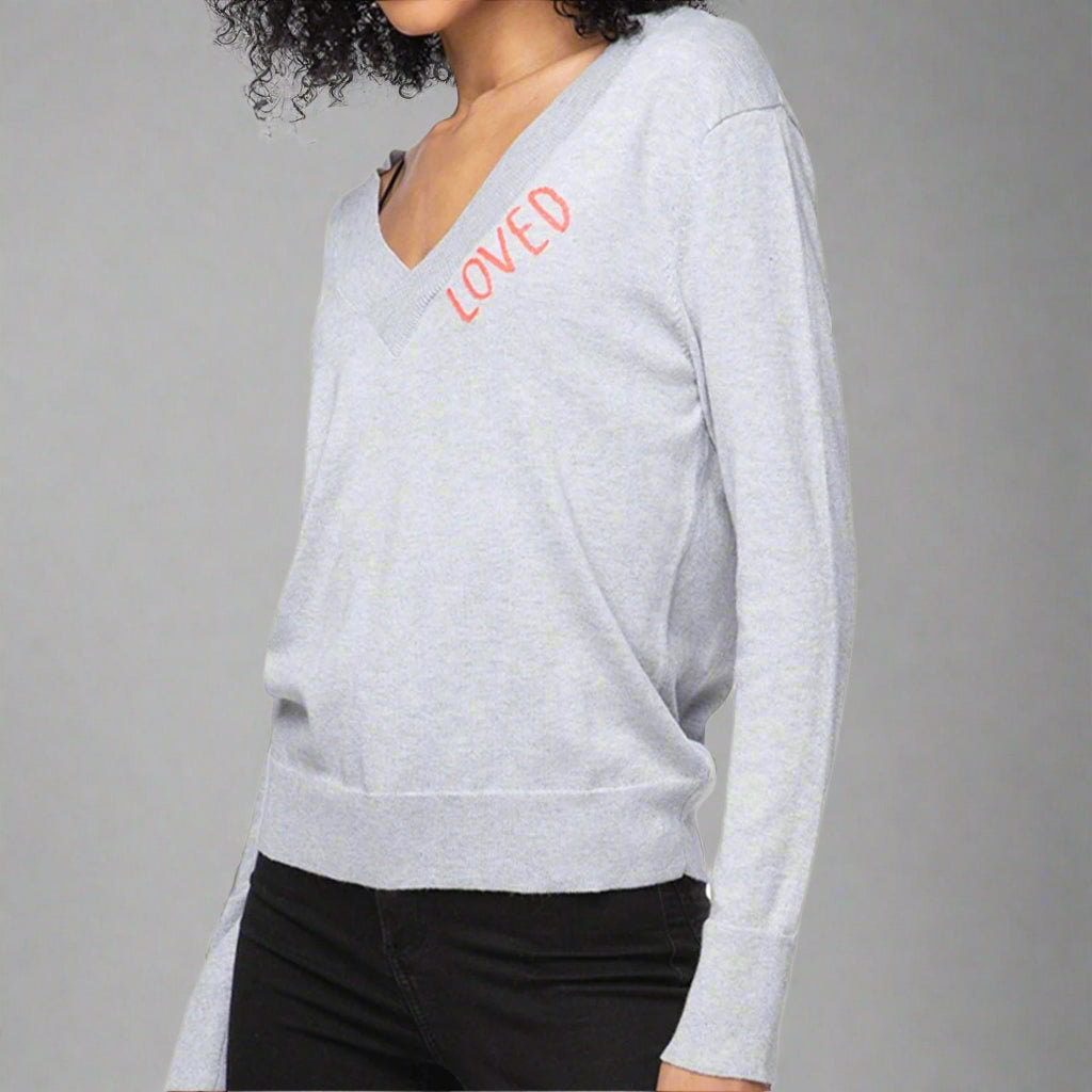 GREY COTTON LOVED V-NECK SWEATER