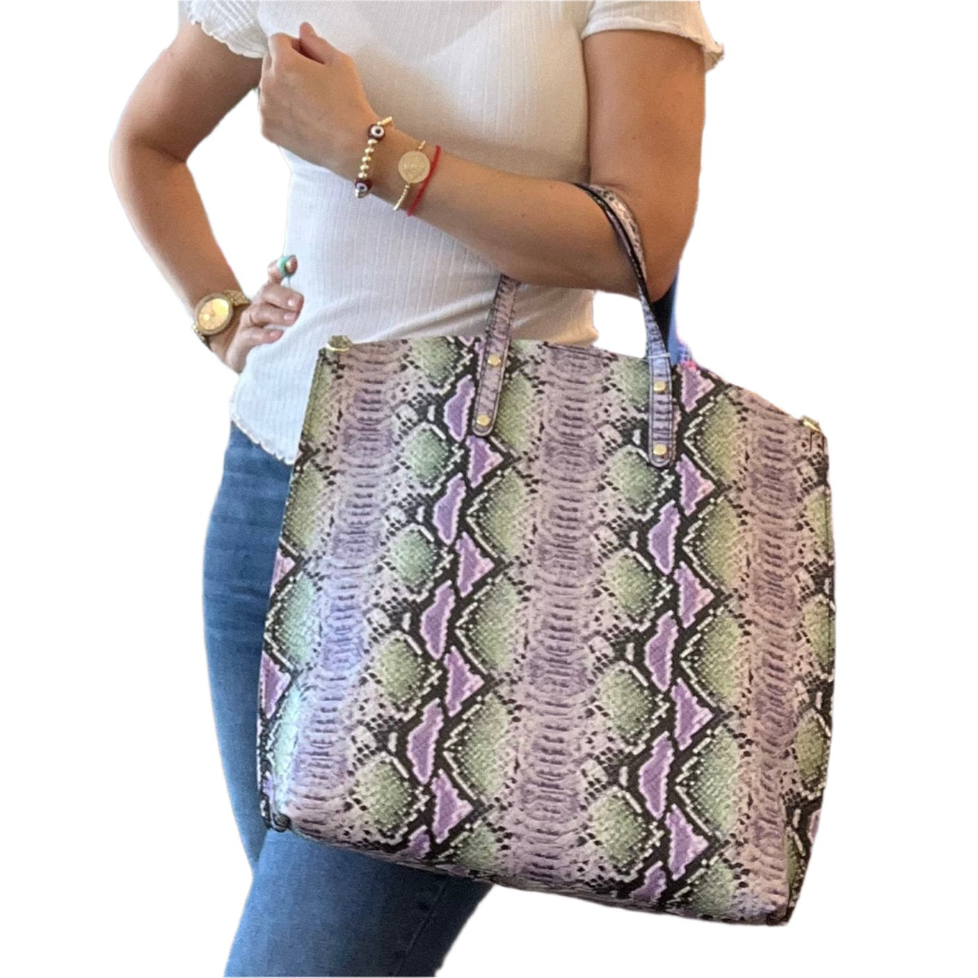 SNAKE PRINT LEATHER TOTE WITH A POUCH