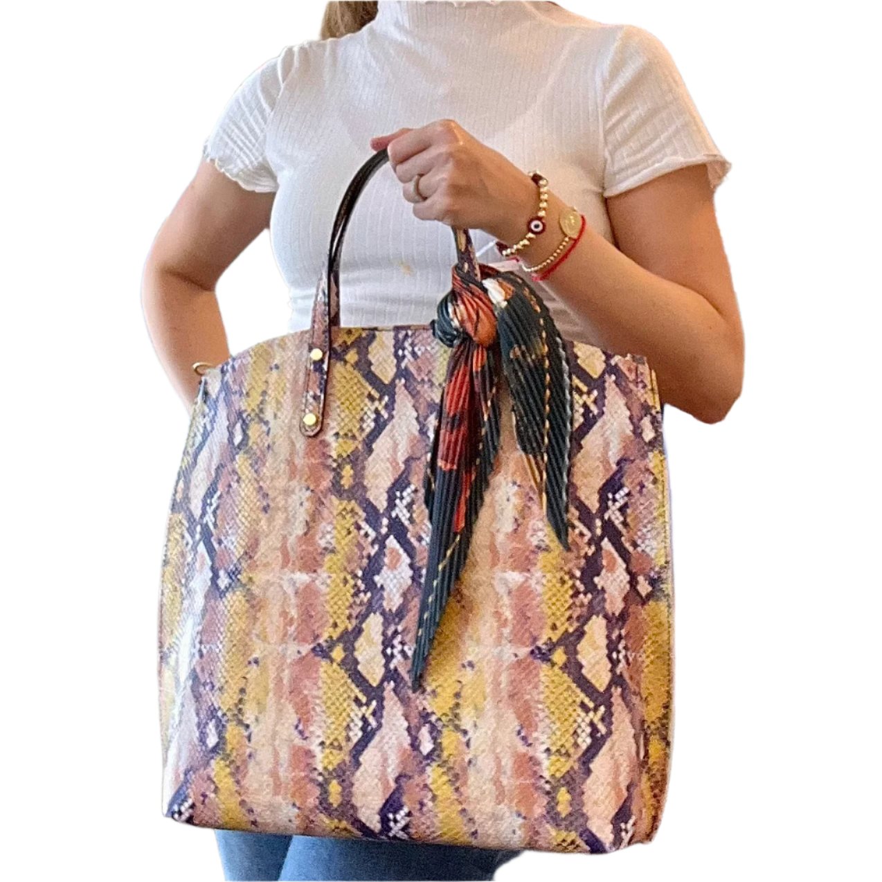 SNAKE PRINT LEATHER TOTE WITH A POUCH
