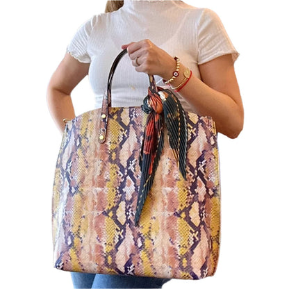 SNAKE PRINT LEATHER TOTE WITH A POUCH