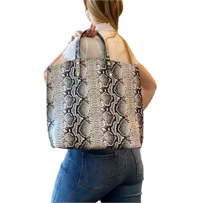 SNAKE PRINT LEATHER TOTE WITH A POUCH
