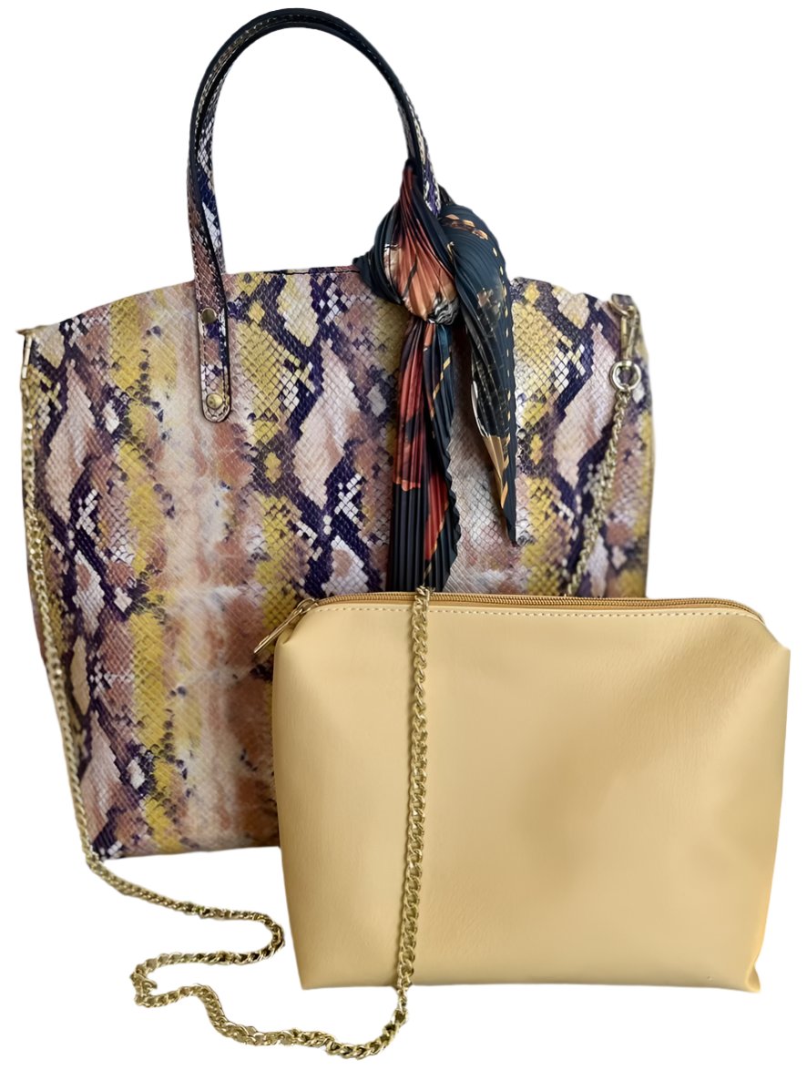 SNAKE PRINT LEATHER TOTE WITH A POUCH