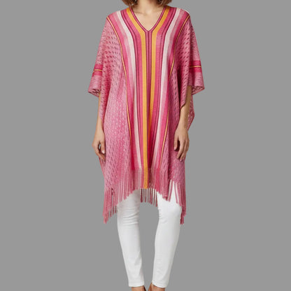 PINK AND BLACK STRIPED KNIT PONCHO